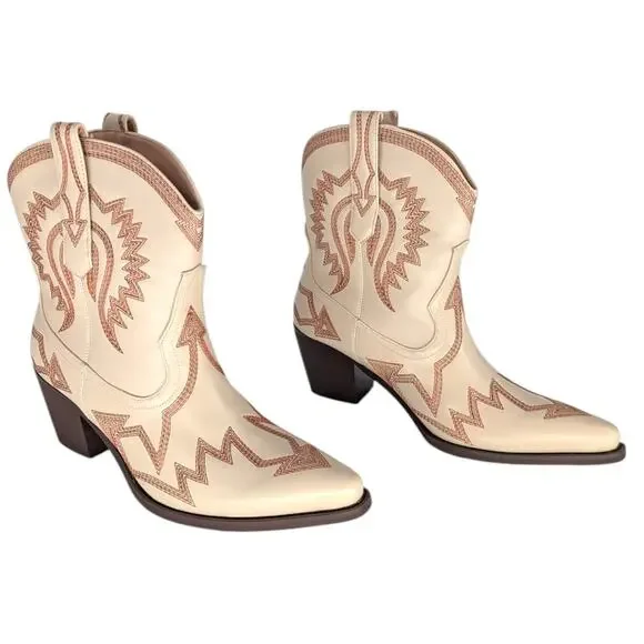 Hochfart Cream Western Ankle Boots Embroidered Leather Size 10 New - Picture 3 of 8